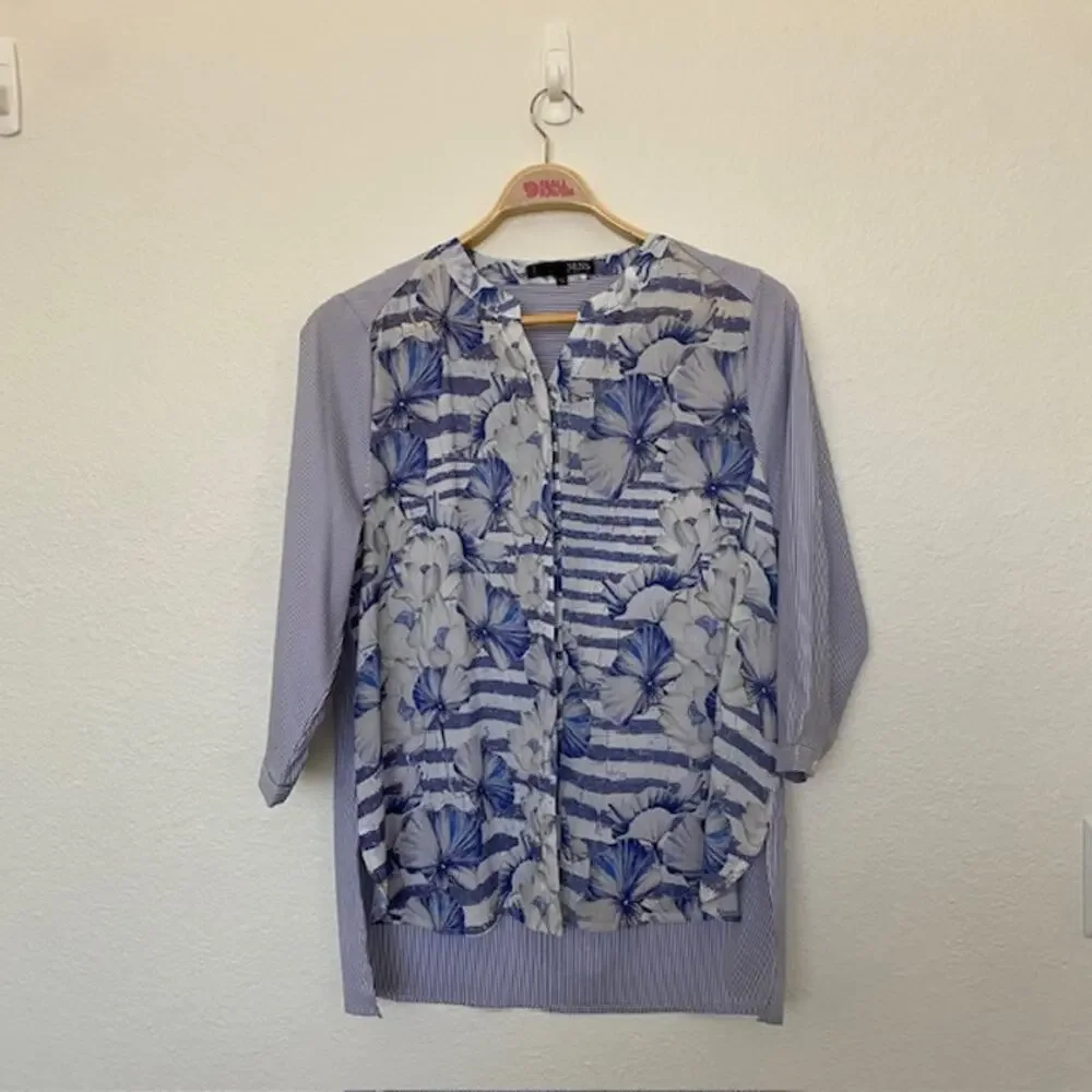 Ness Tunic Button Down Cut‎ Collar Roll Tab Sleeves Striped Floral Women's XL - Picture 13 of 13